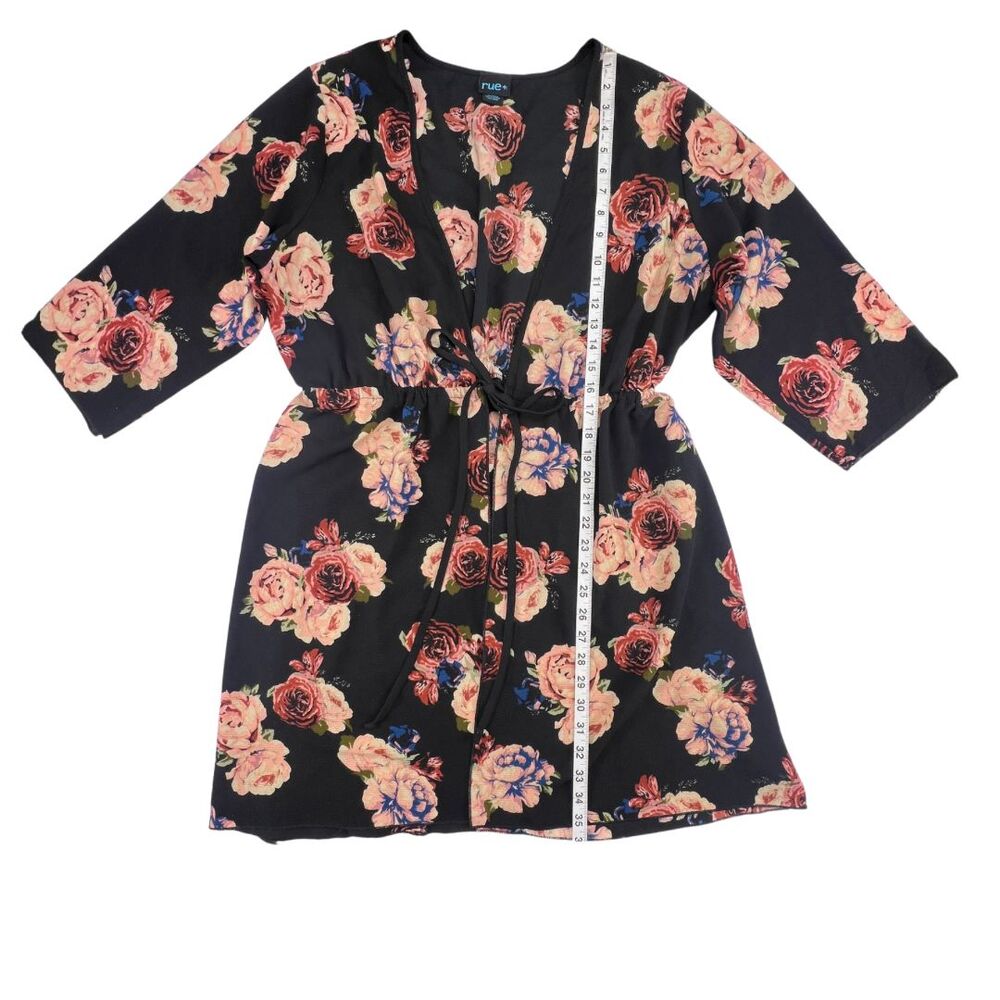 Rue + Cardigan 2X Black Floral Topper Tie Waist Kimono Romantic Flowy Duster - Picture 4 of 10